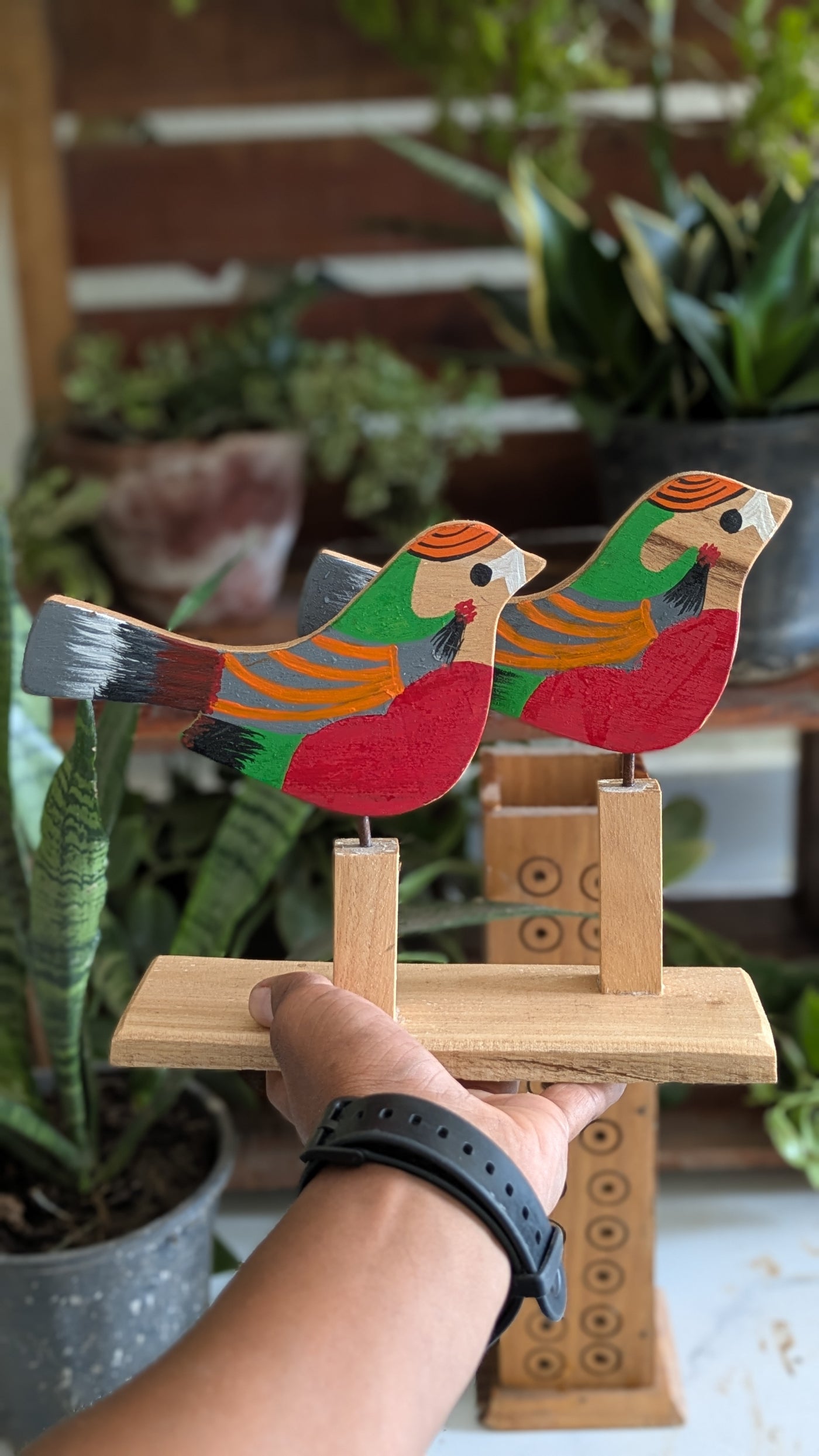 Chinhhari Madai green red and orange line bird pair garden decor