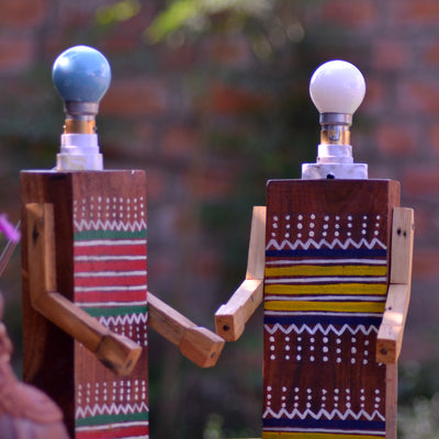Wooden hand painted colorful lamp set of 2