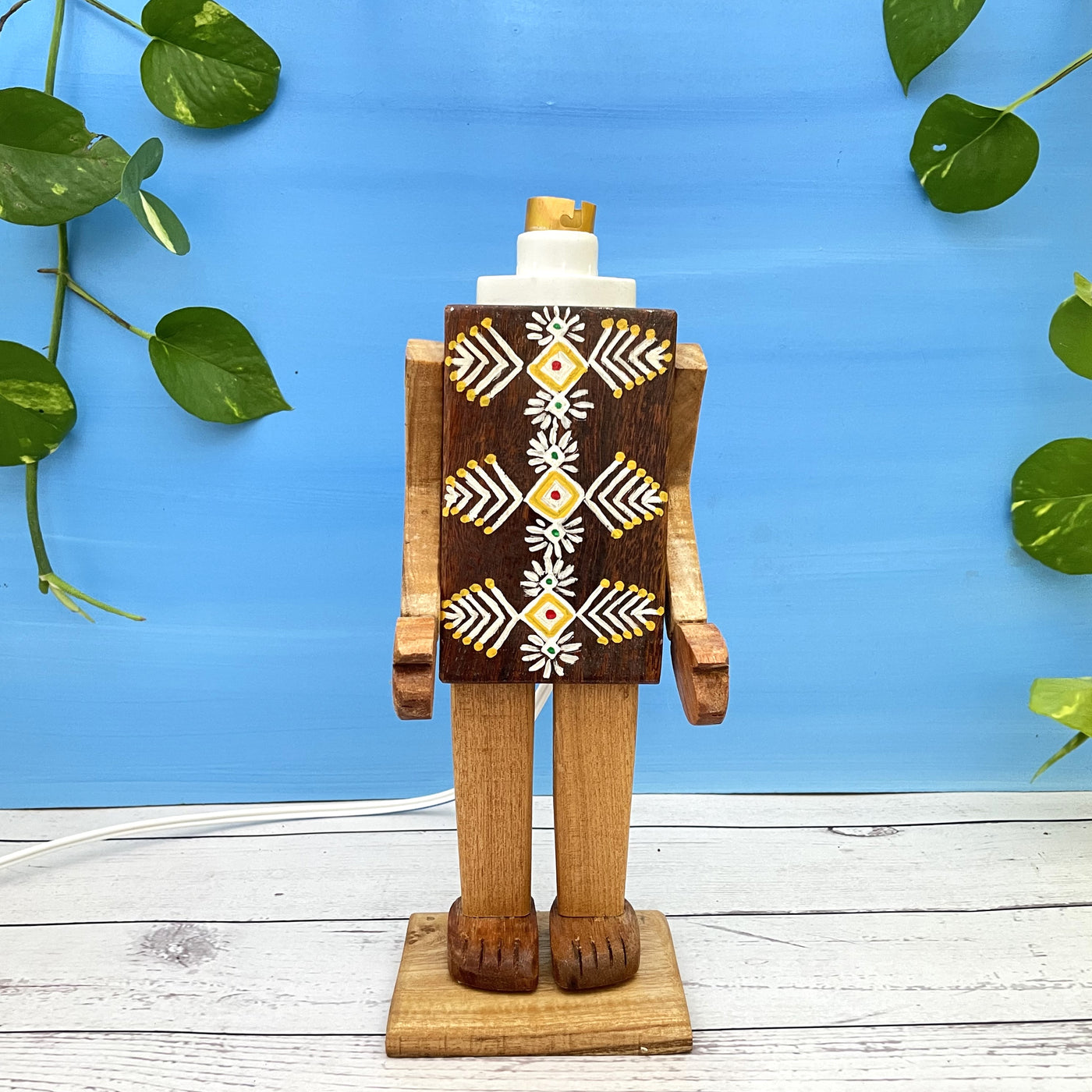 Wooden hand painted mini tribal man garden lamp