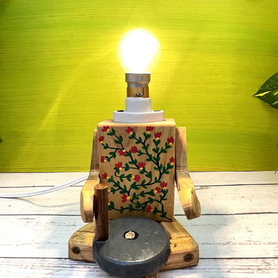 Wooden hand painted mini tribal working women garden lamp