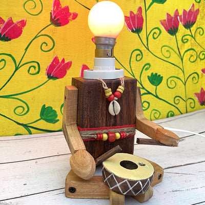 Wooden hand painted musician with dhol lamp