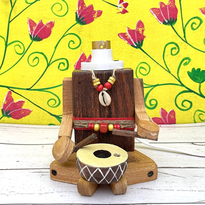 Wooden hand painted musician with dhol lamp