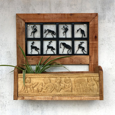 Tribal Wooden and wrought iron  wall rack
