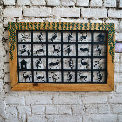 Chinhhari arts Wrought iron jaali with wooden frame 24 box Tribal Jaali - Chinhhari Arts store