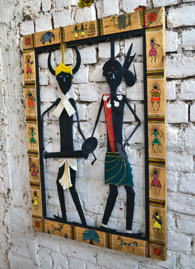 Chinhhari arts Wrought iron jaali with wooden frame Madiya mudiya Tribal Pair jaali - Chinhhari Arts store